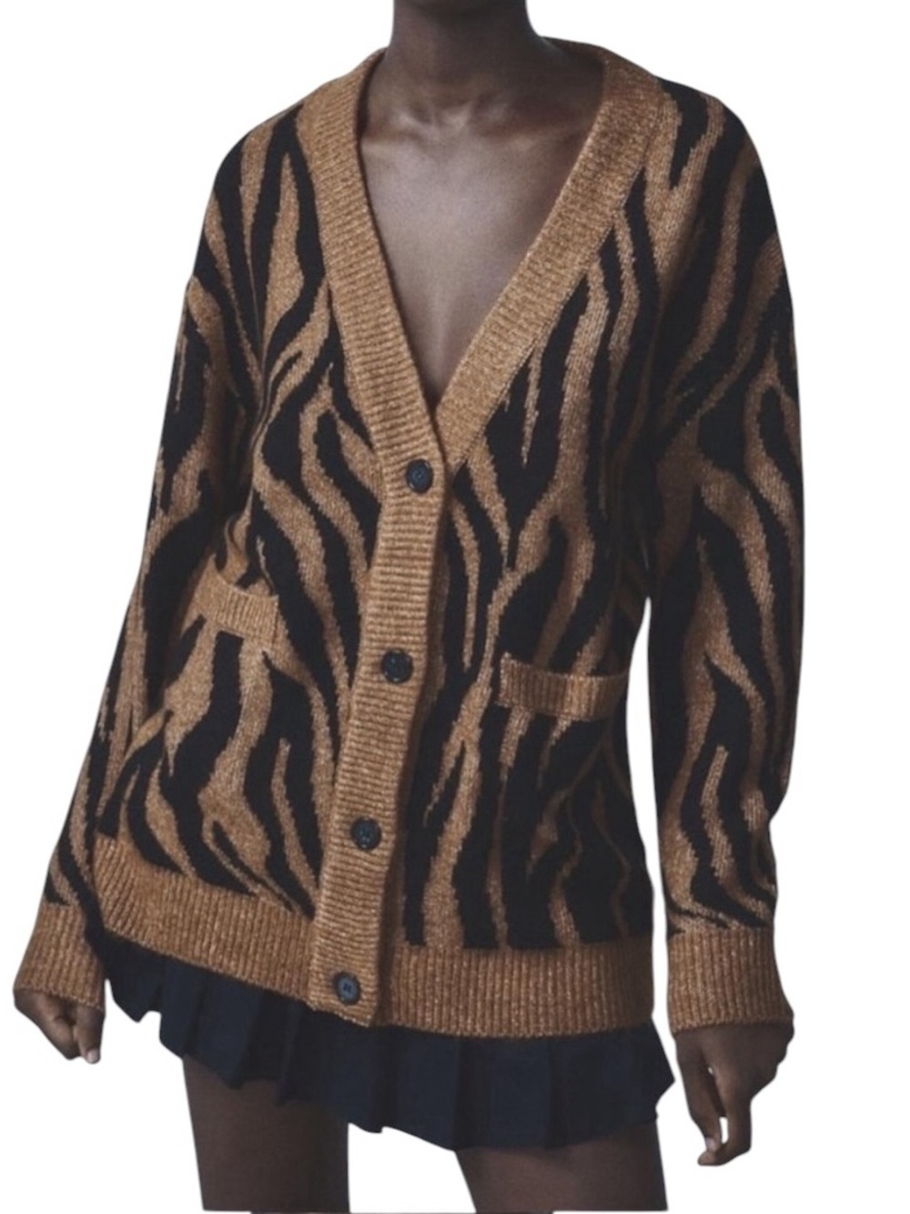 Zara Tan & Black Tiger Zebra Animal Print Oversized Cardigan - M